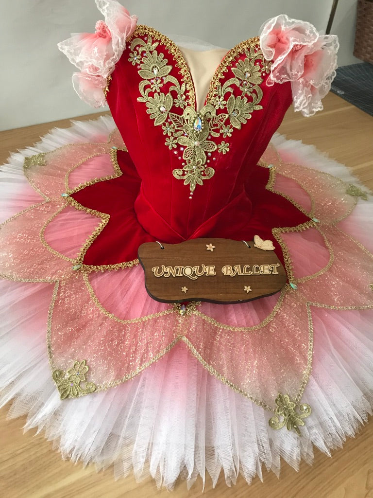 High Quality Professional Red Golden Trims Classic Ballet TuTu Costume Gradient Color Red Paquita Ballet Stage Costume With Hooks -WDYDFRED