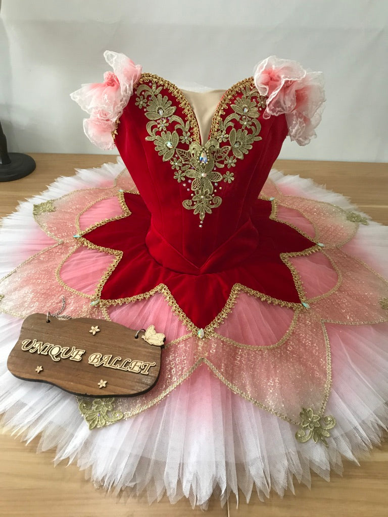 High Quality Professional Red Golden Trims Classic Ballet TuTu Costume Gradient Color Red Paquita Ballet Stage Costume With Hooks -WDYDFRED