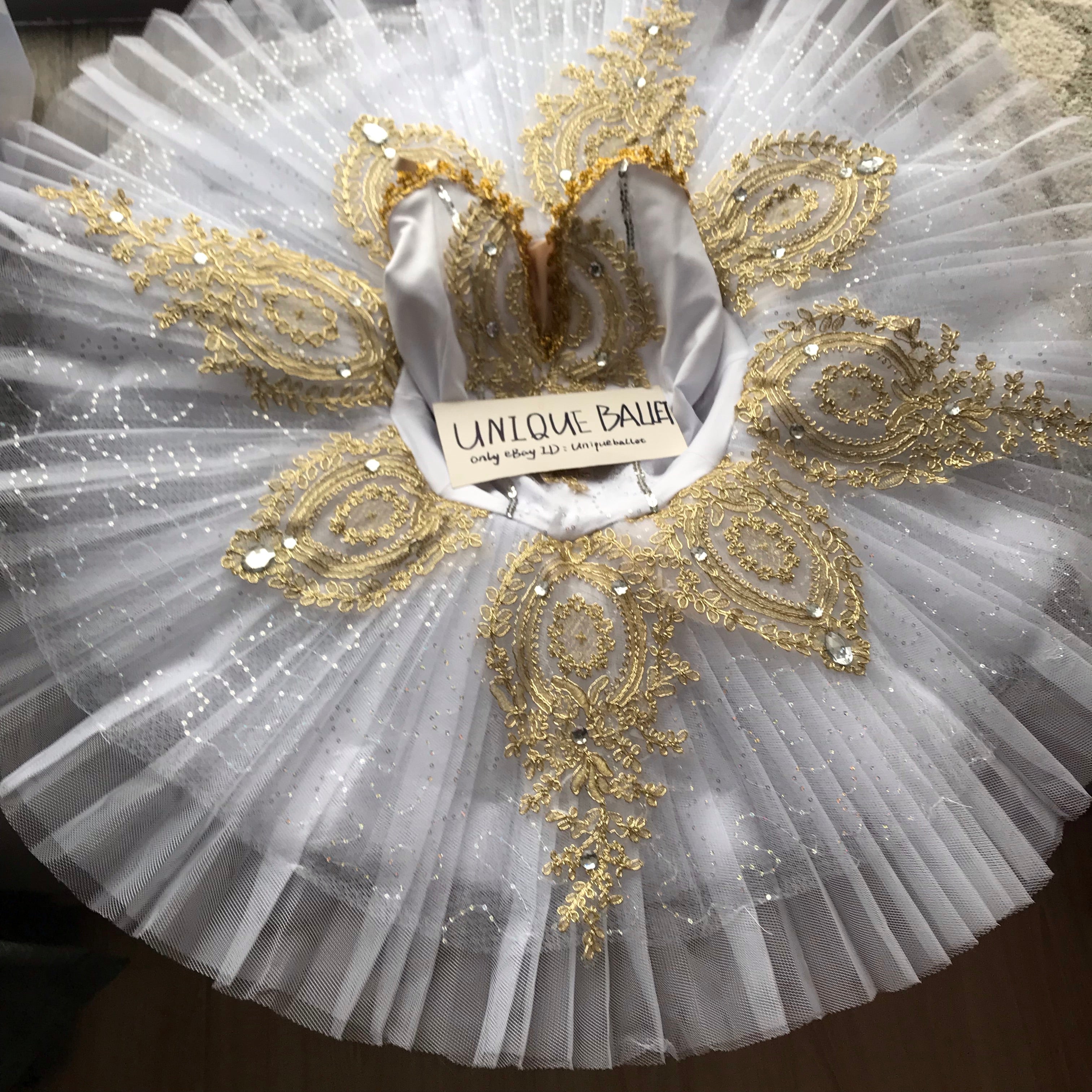 White Sleeping Beauty Golden Trims Classic Ballet TuTu Costume (Unprofessional)-5CWHTDXBOLUO
