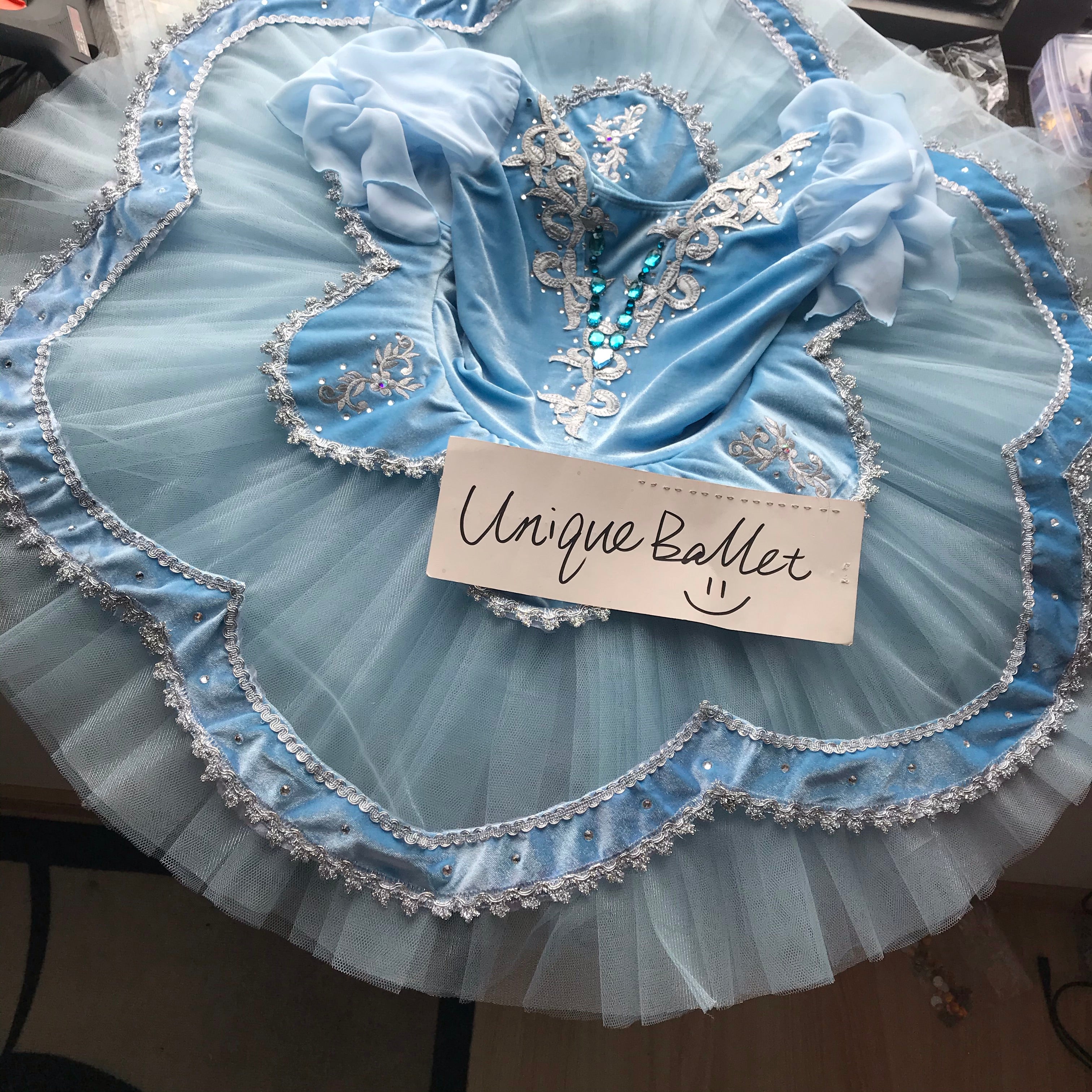 Professional Pullover Short Sleeves Cinderella Blue Bird Light Blue Silver Trims Classical Ballet TuTu Costume Stage Platter Tutu