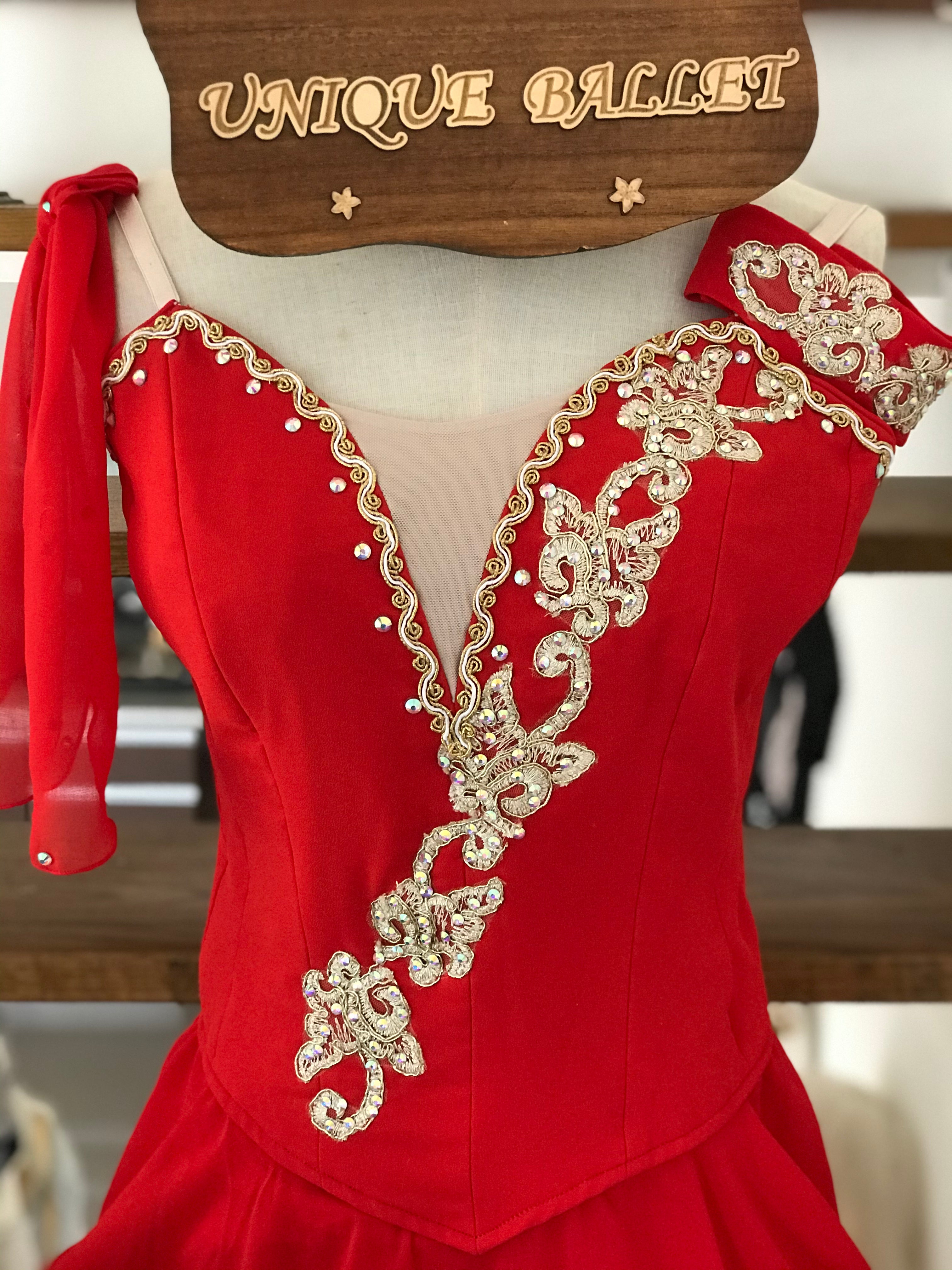 Professional Red Golden Trims Diana Lyrical Ballet Costume In Sylvia With Hooks- YL-LRCHFNDINAGD