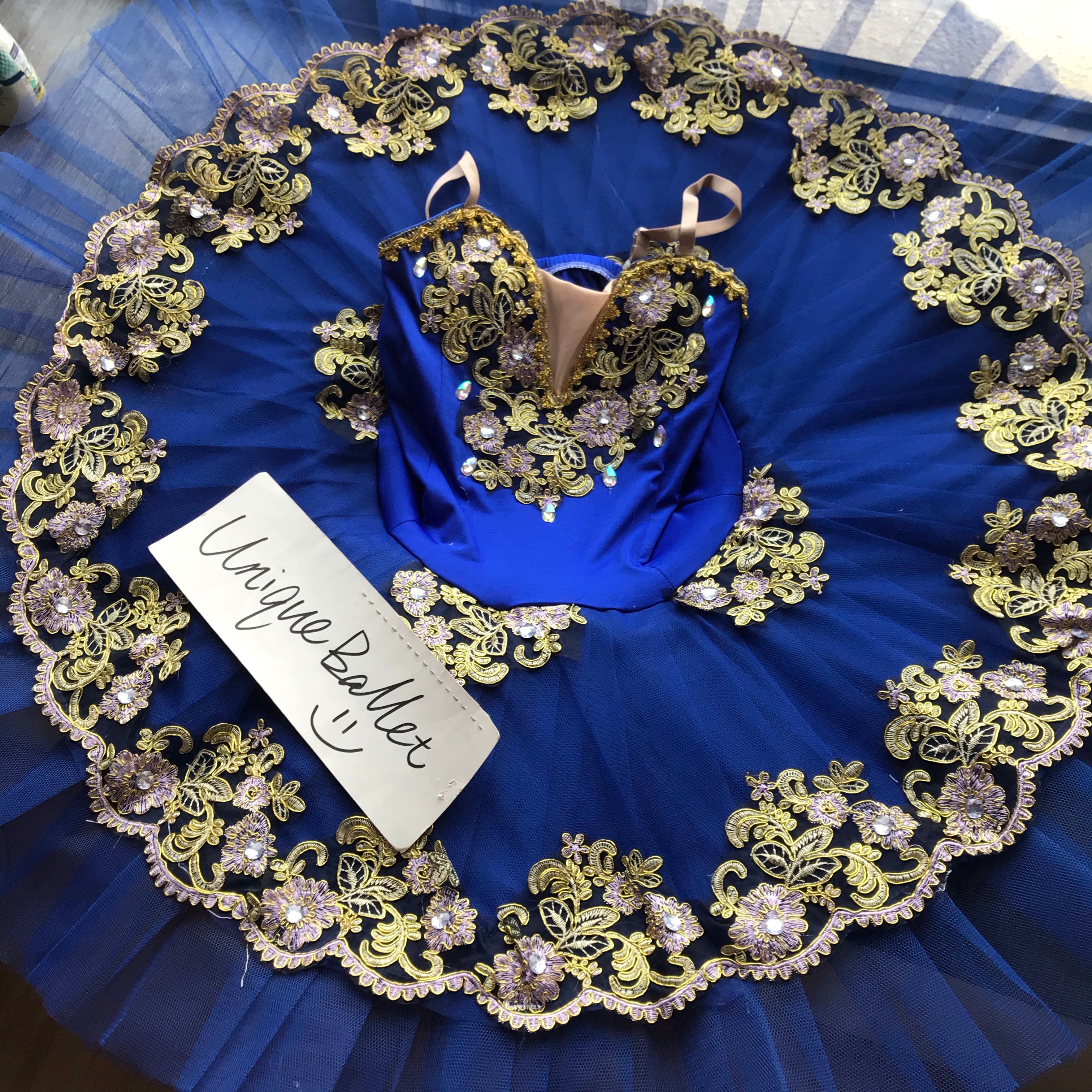 Royal Blue Golden Floral Trims Classical Ballet TuTu Costume (Unprofessional)-5CRBLUBROWFLW