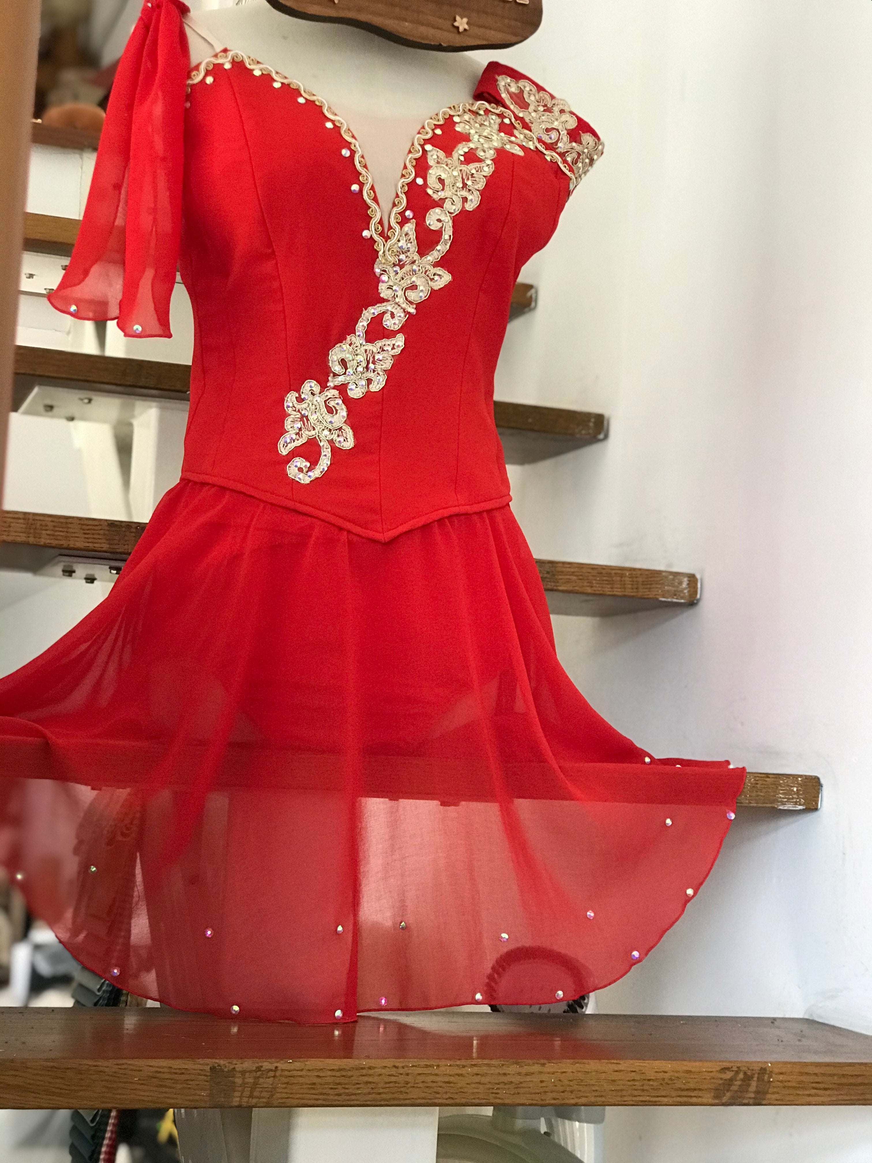 Professional Red Golden Trims Diana Lyrical Ballet Costume In Sylvia With Hooks- YL-LRCHFNDINAGD