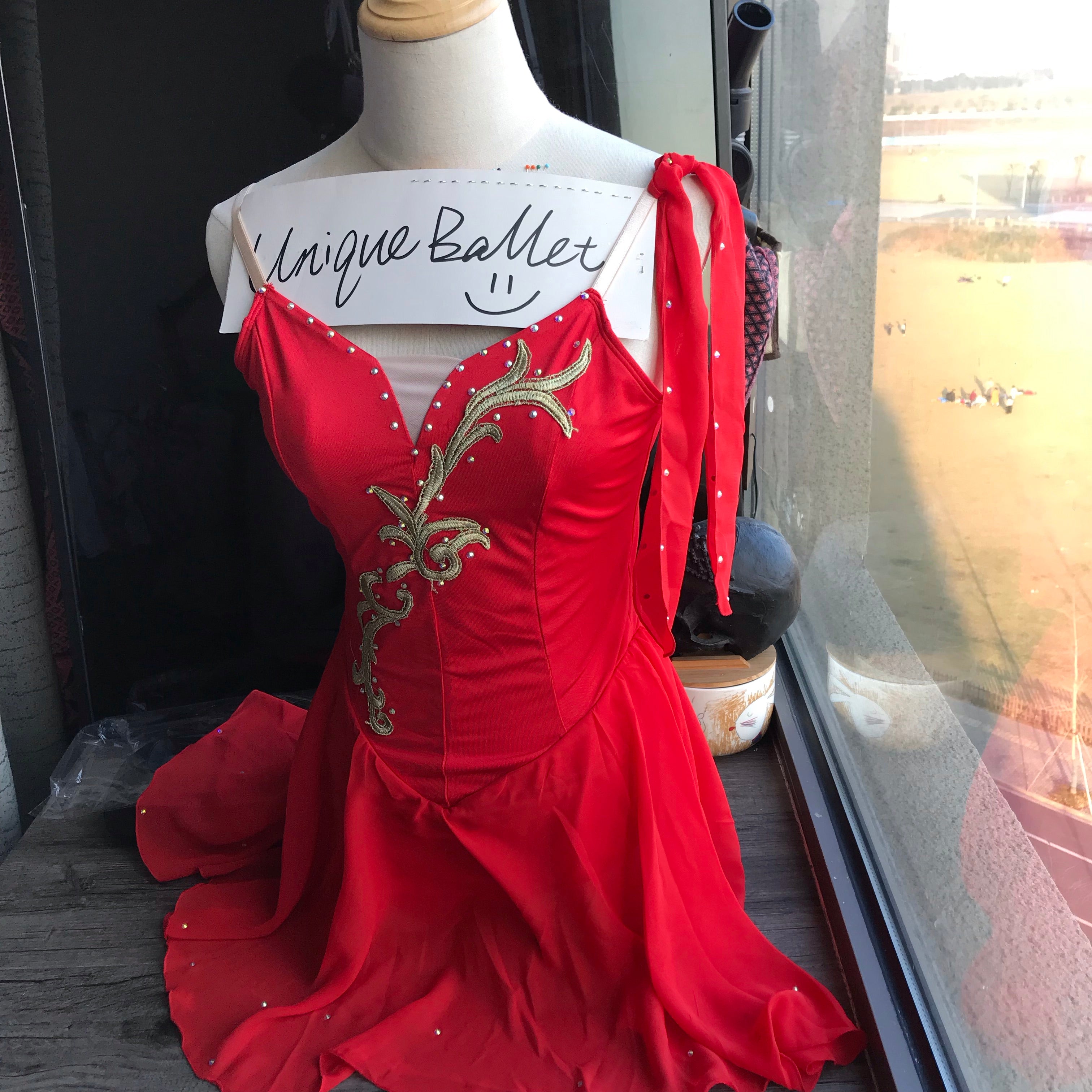 Red Golden Trims Diana Lyrical Ballet Costume Morden Ballet Costume
