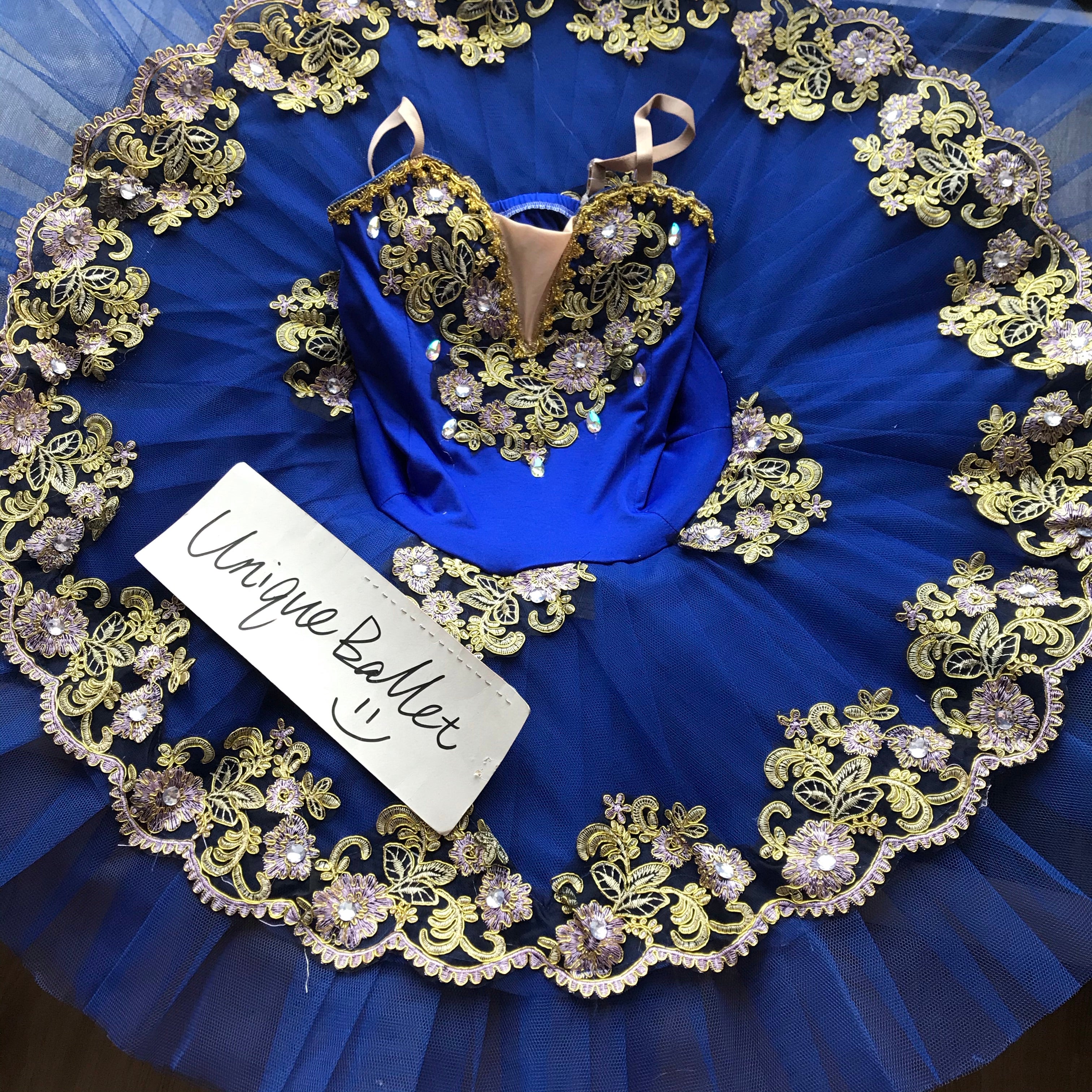 Royal Blue Golden Floral Trims Classical Ballet TuTu Costume (Unprofessional)-5CRBLUBROWFLW