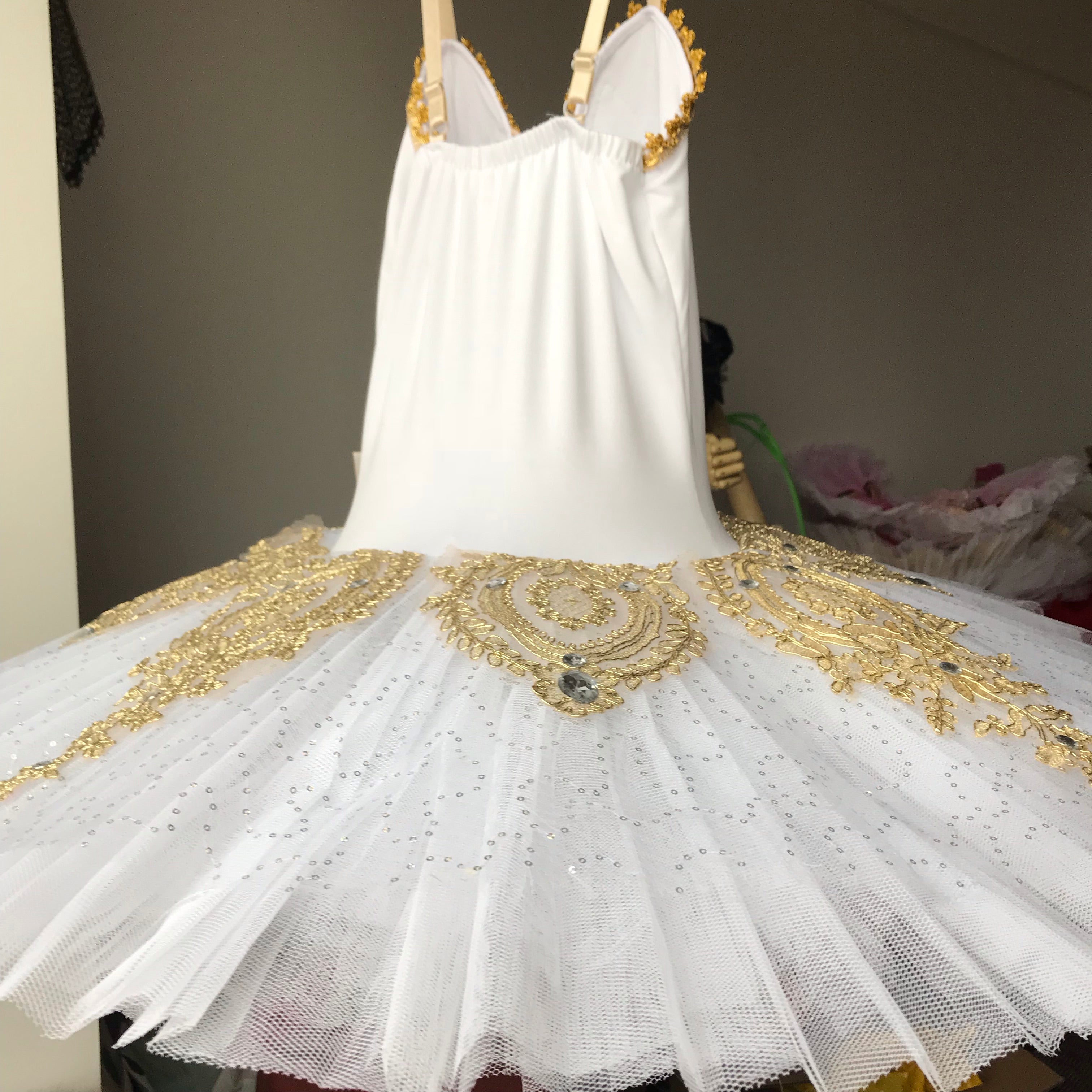 White Sleeping Beauty Golden Trims Classic Ballet TuTu Costume (Unprofessional)-5CWHTDXBOLUO