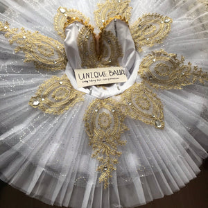 White Sleeping Beauty Golden Trims Classic Ballet TuTu Costume (Unprofessional)-5CWHTDXBOLUO