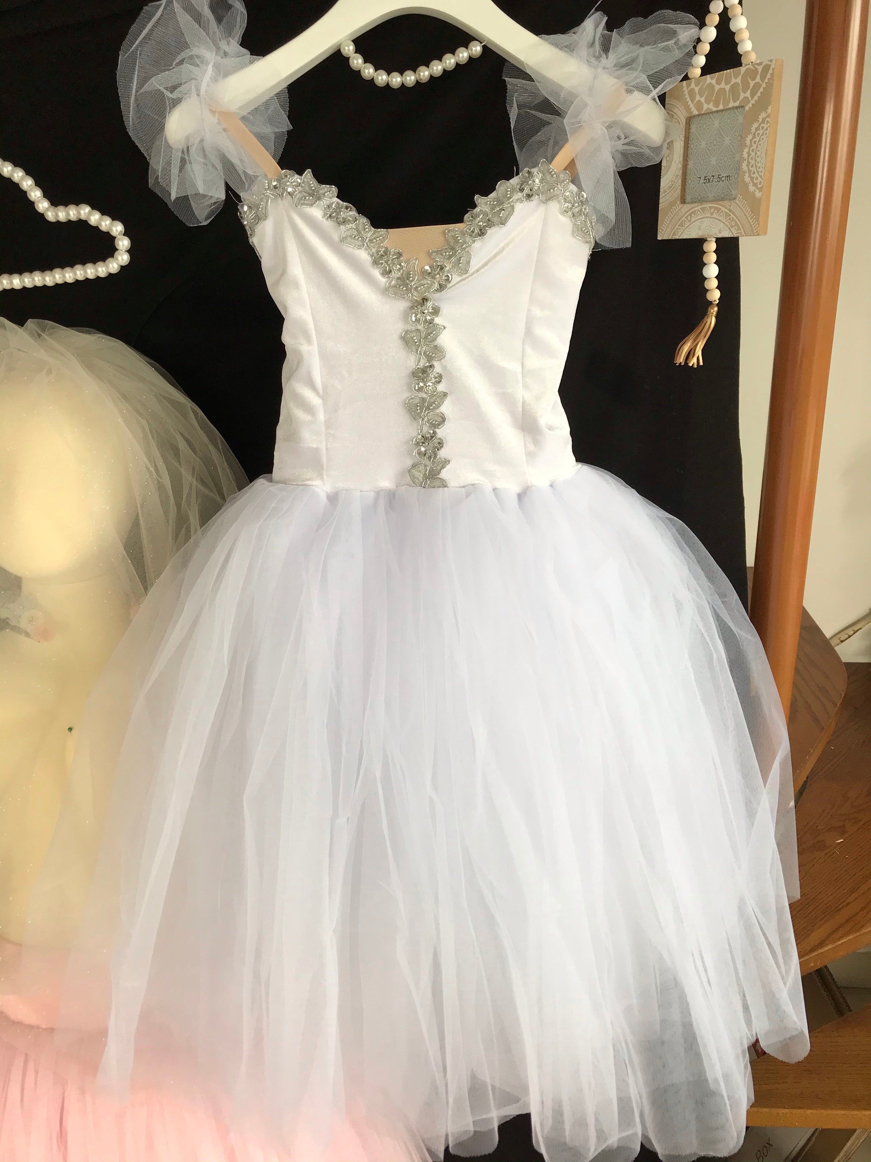 White Swan Lake Snow flakes Corp Ballet Long Tutu Dress-5CRWHTSLV