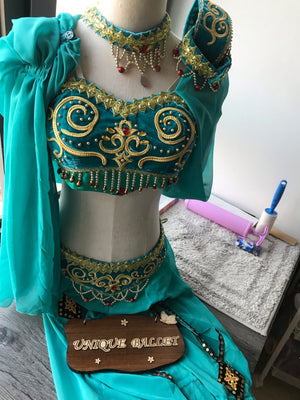2 Pieces Aqua Green Arabian Dance La Bayadere Nikija Princess Jasmine  Indian Crop Top and Pants Ballet Costume Set